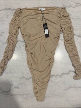 Fashion Nova Beige Ruched Long-Sleeve Bodysuit